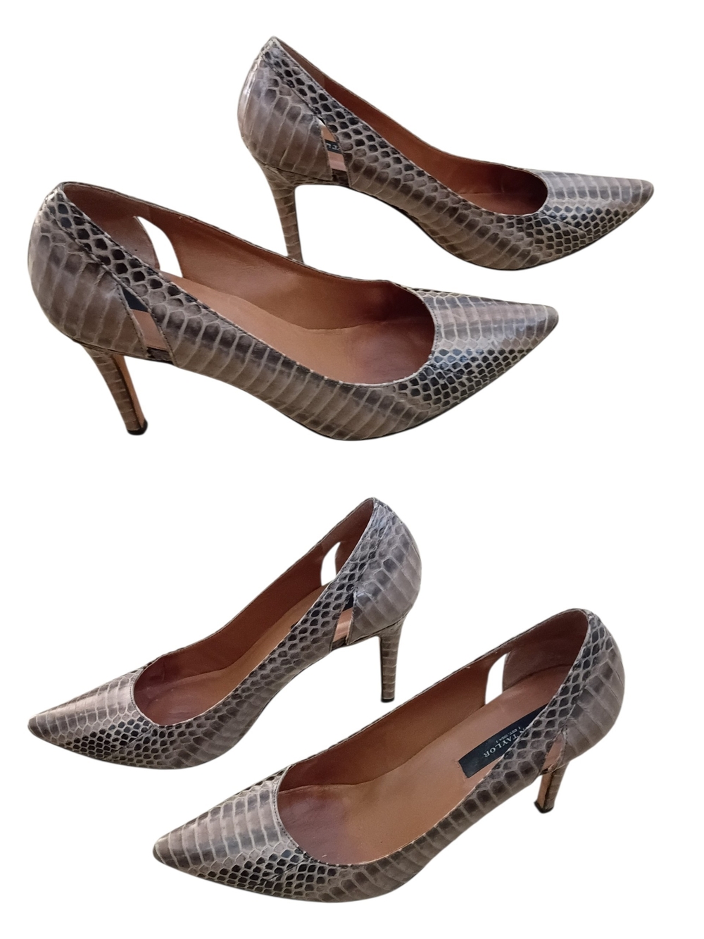 Ann Taylor Snakeskin Pointed Toe Stiletto Pumps Size 37 EU Taupe Gray Excellent